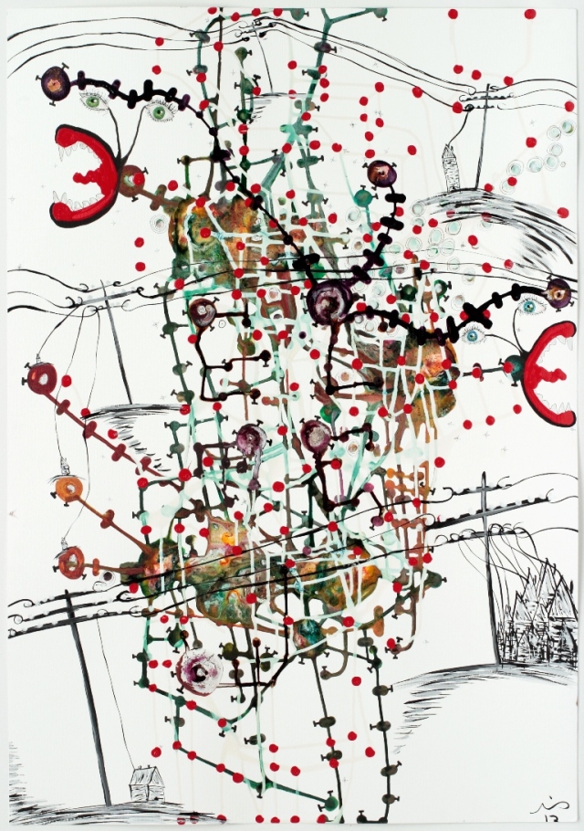 unbound in orbit, floating near unswept storehouses where sluttish tinkerer's tinker 2012; 39"x 28"; watercolor, ink, enamel  on paper