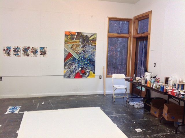 I'm working on linen with oil, flashe and ink while I'm here - the five small paintings on the left I brought to finish up.